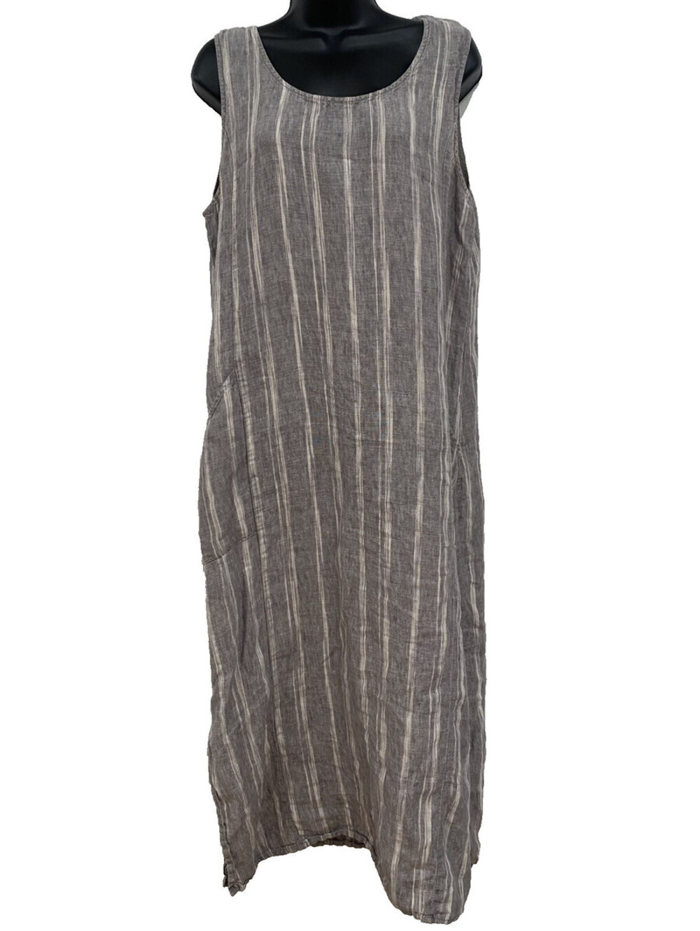 Garnet Hill Size 14 Garden Pockets Striped Linen Chambray Sleeveless Maxi Dress
